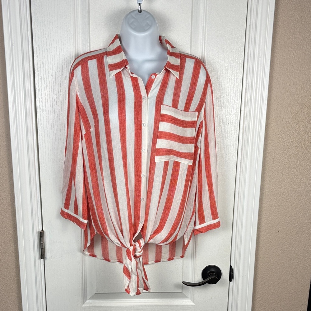 Vixbe‎ Women's Tab Sleeves Waist Tie Red/White Striped Button-Down Shirt Sml NWT